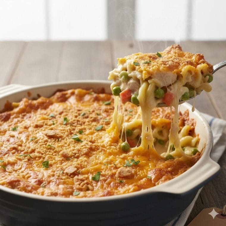 Creamy chicken noodle casserole baked with egg noodles, tender chicken, vegetables, and melted cheddar cheese