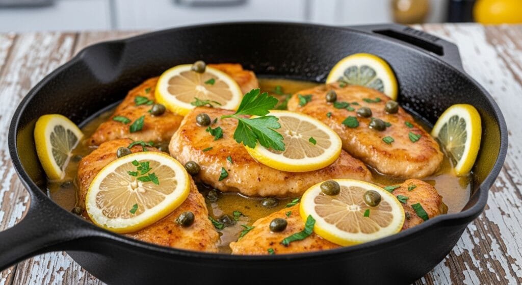 chicken piccata with lemon butter sauce and capers in skillet