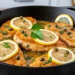 chicken piccata with lemon butter sauce and capers in skillet