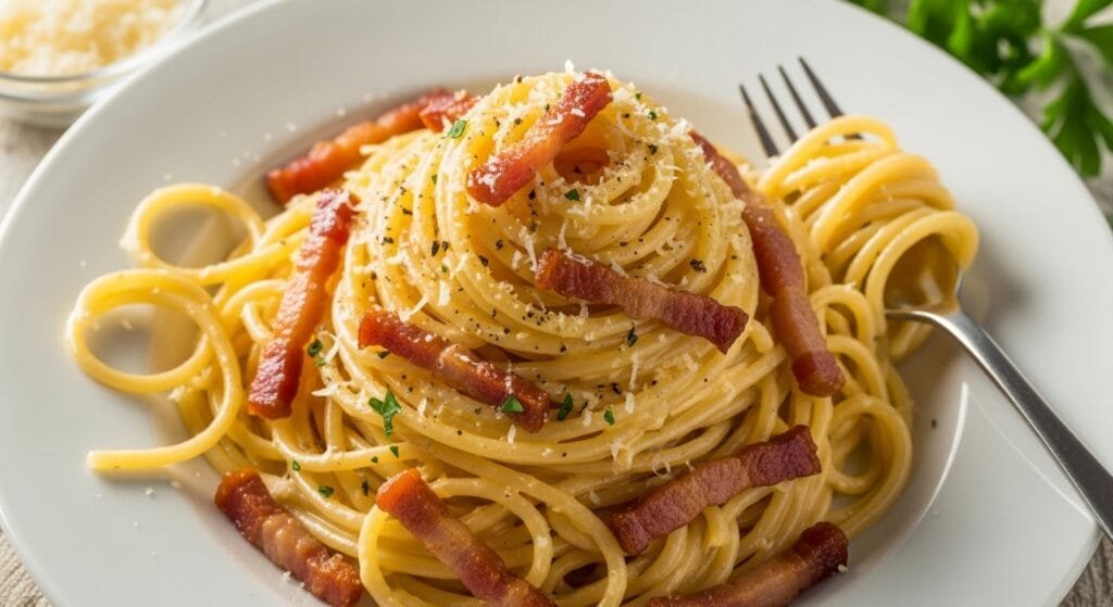 Classic spaghetti carbonara with creamy egg sauce and crispy pancetta