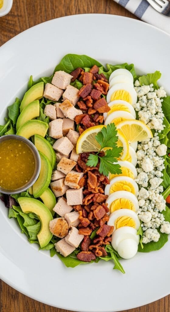 Classic Cobb salad served with chicken, crispy bacon, eggs, avocado, blue cheese, and lemon vinaigrette