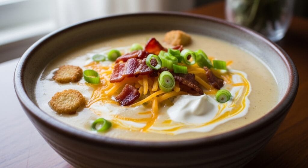 creamy baked potato soup topped with cheddar bacon and green onions