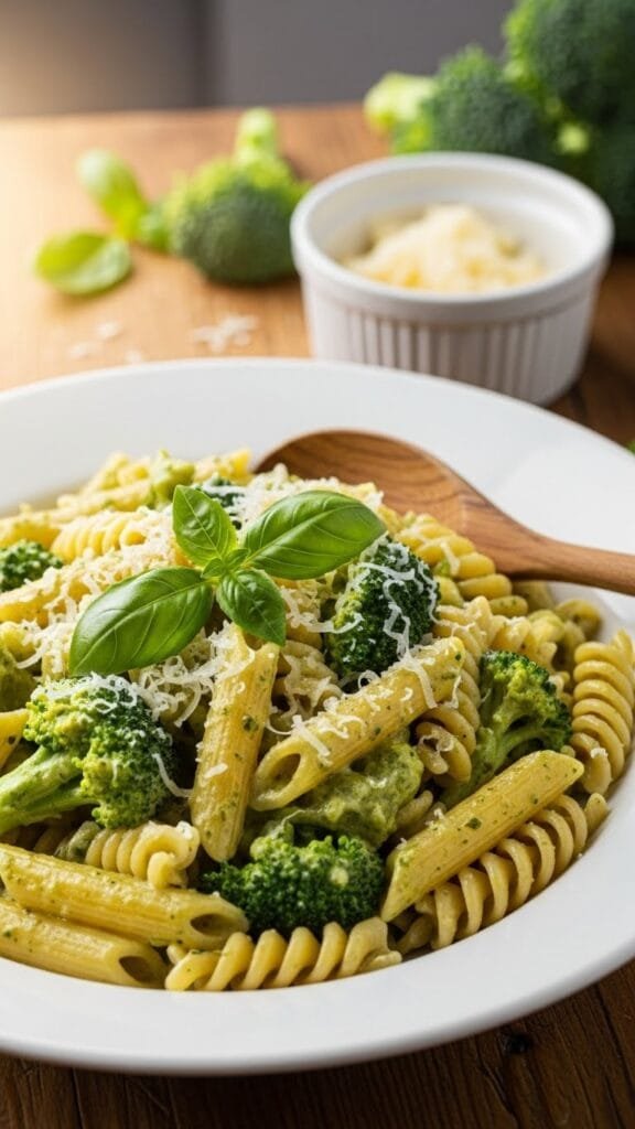 Creamy broccoli pasta served in a bowl with cheesy sauce and fresh parsley.