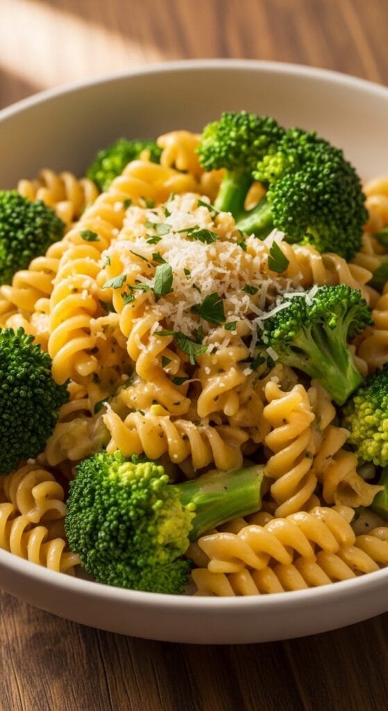 Creamy broccoli pasta served in a bowl with tender pasta, fresh broccoli, and a smooth cheesy sauce