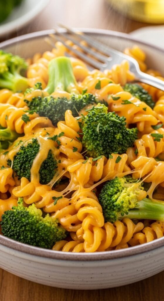 Cheesy broccoli pasta tossed in a creamy sauce and ready to serve for a quick family meal