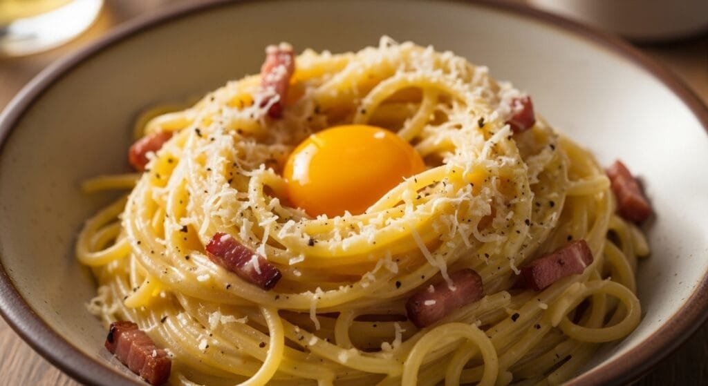 Close-up of carbonara pasta coated in silky cheese egg sauce
