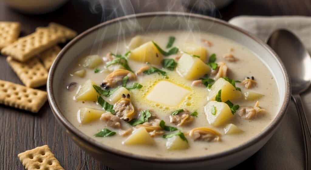 creamy New England clam chowder with potatoes and herbs