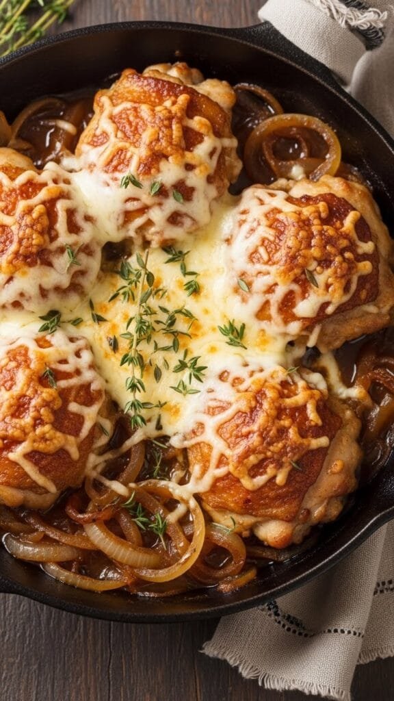 Creamy French onion chicken served with mashed potatoes and fresh herbs