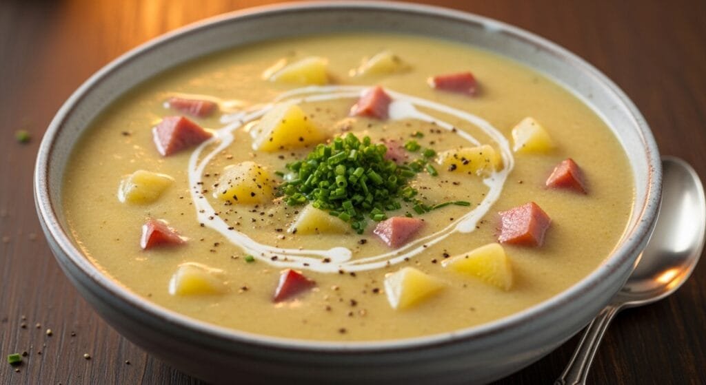 Creamy ham and potato soup with tender potatoes and diced ham in a bowl
