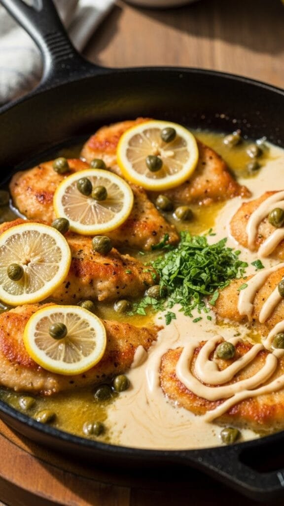 Chicken piccata style dish with lemon sauce and capers in a pan