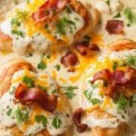 Creamy ranch chicken cooked in a skillet with tender chicken breasts coated in a rich ranch cream sauce