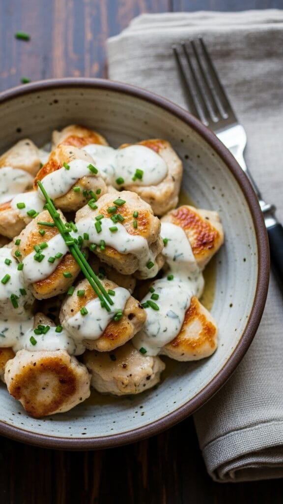 Skillet with seared chicken breasts simmering in creamy ranch sauce.