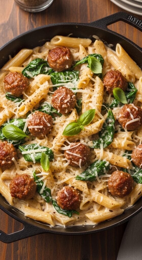Creamy sausage pasta with Italian sausage, spinach, and Parmesan served in a skillet