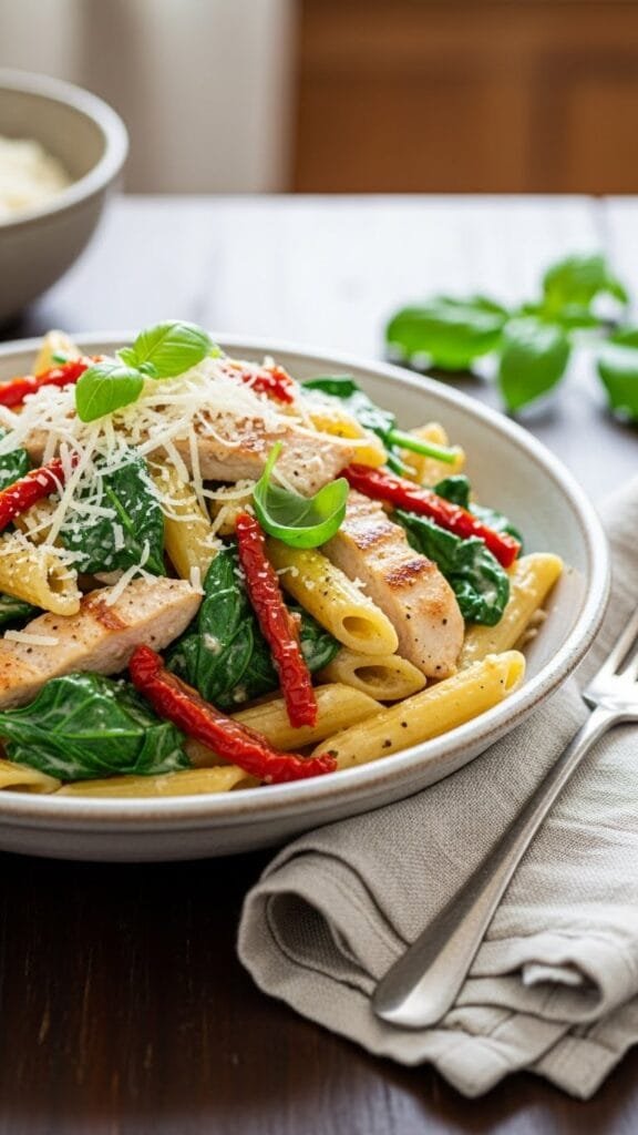 Skillet filled with creamy Tuscan pasta topped with sliced chicken and cherry tomatoes.
