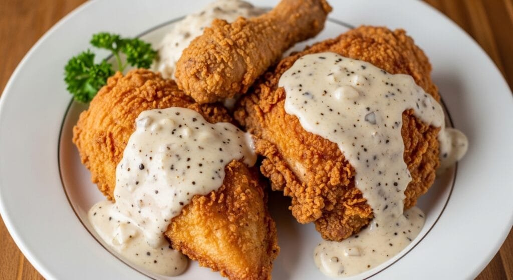 Crispy Southern chicken fried chicken topped with creamy pepper gravy on a plate