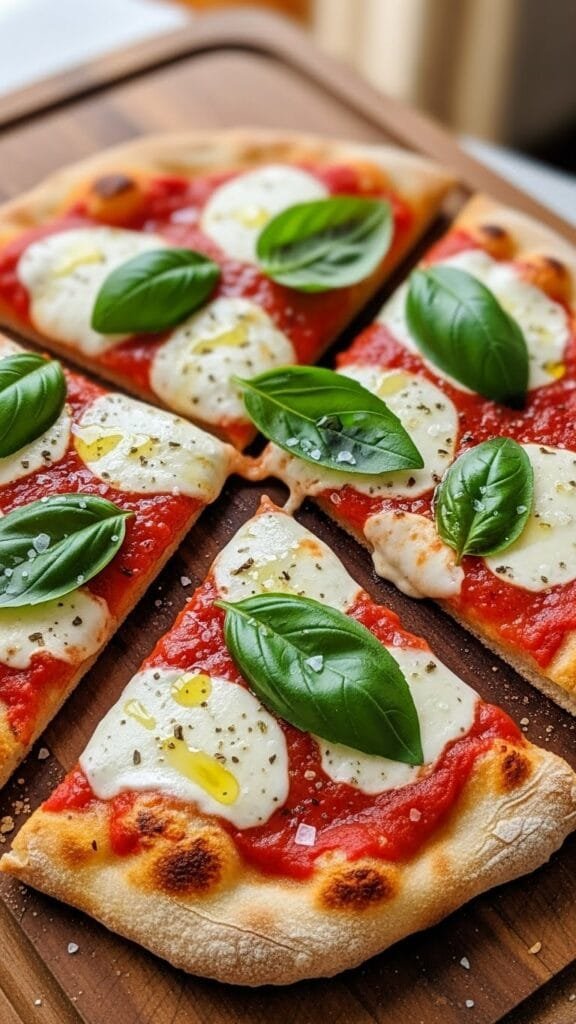 close up of flatbread margherita pizza showing melted mozzarella and fresh basil