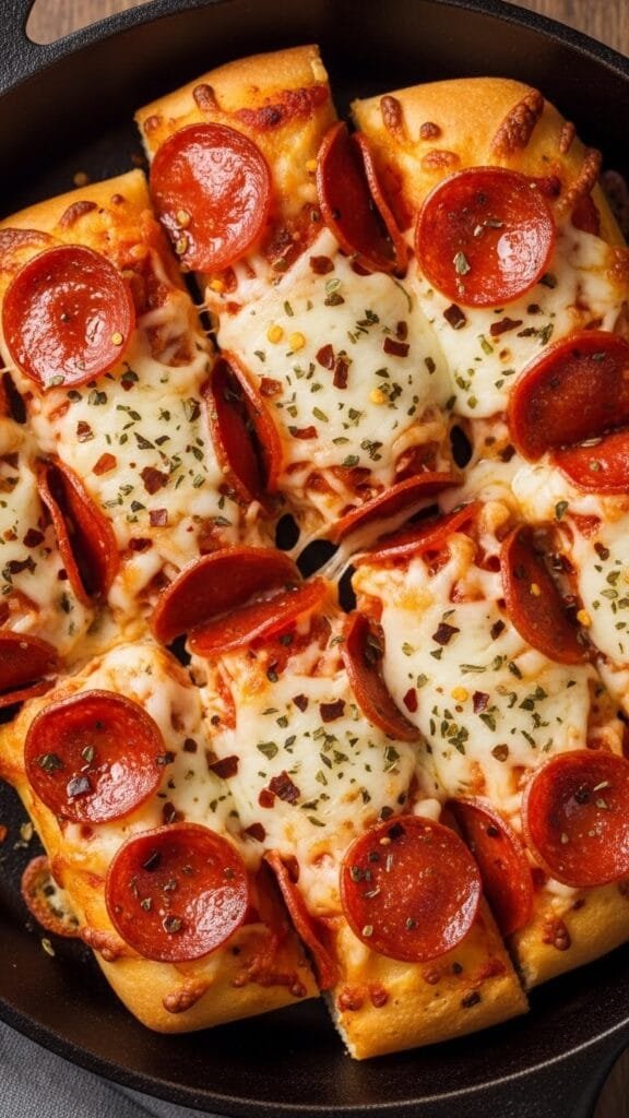 Twisted pepperoni pizza sticks served warm with marinara dipping sauce