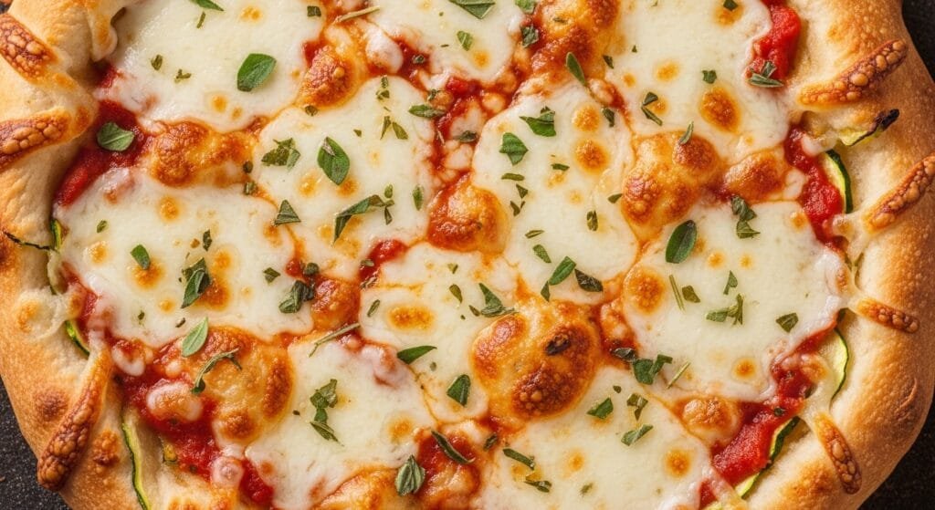 Close up of crispy zucchini pizza crust showing golden edges and melted mozzarella