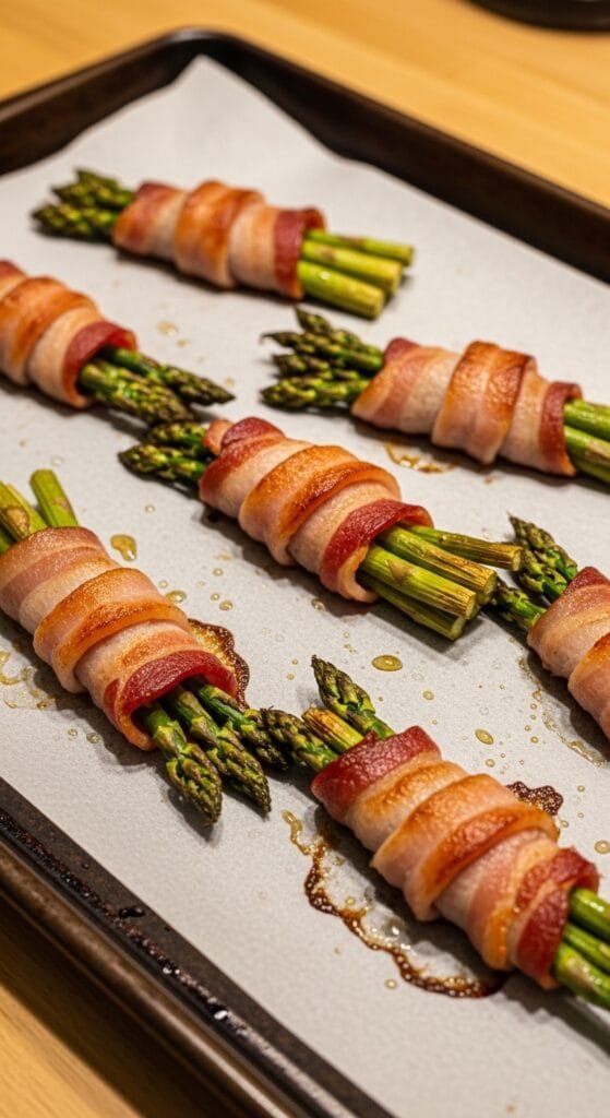 Crispy bacon wrapped asparagus baked until golden and tender on a sheet pan