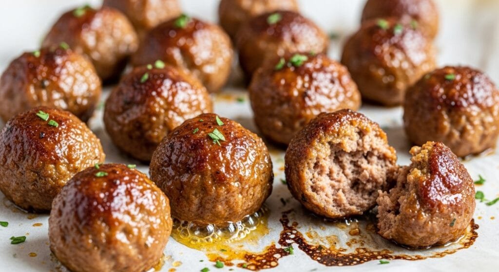 juicy baked meatballs fresh from oven on parchment-lined baking sheet