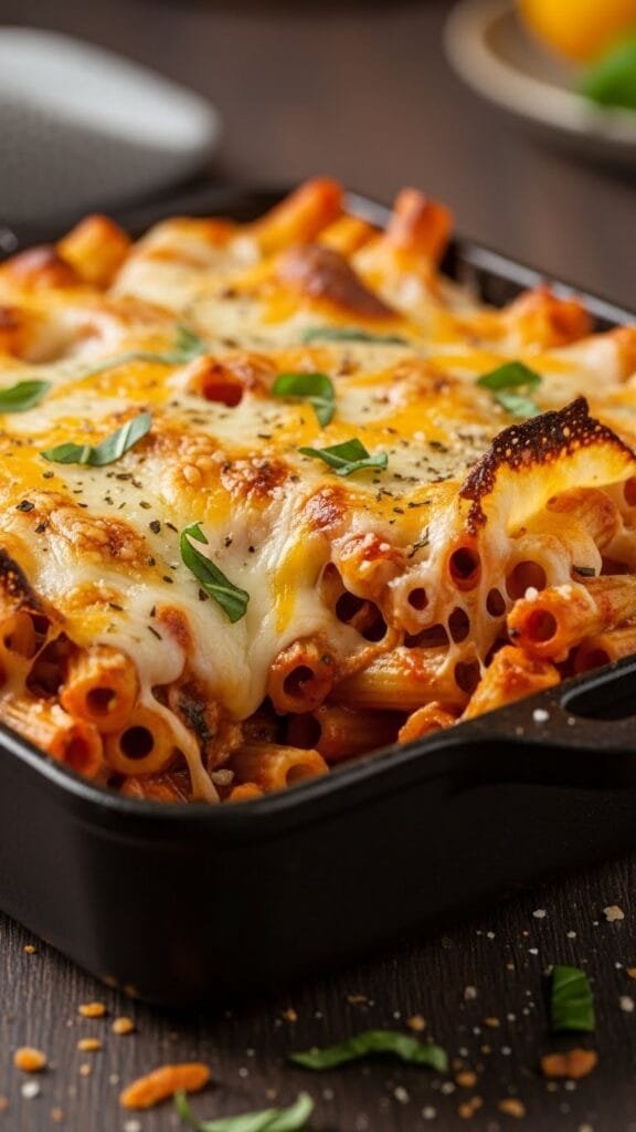 Easy cheesy pasta bake with golden melted cheese fresh from the oven