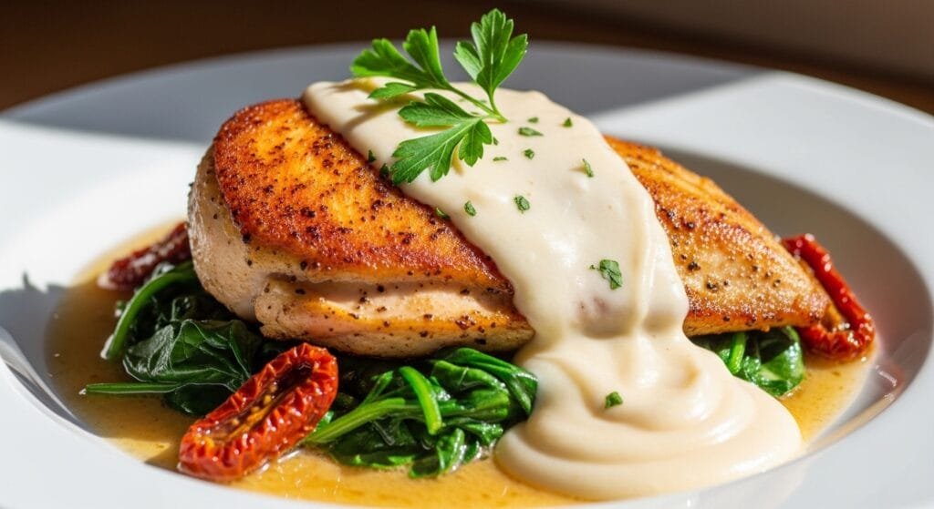 pan seared chicken florentine in creamy garlic sauce