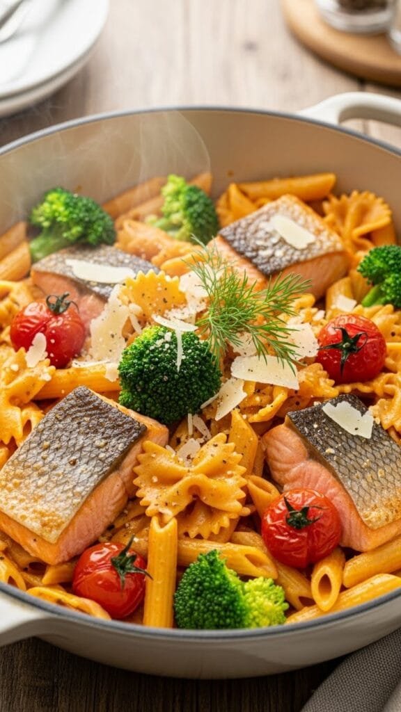 One-pot creamy salmon pasta in a skillet with tender salmon, parmesan cream sauce, and pasta