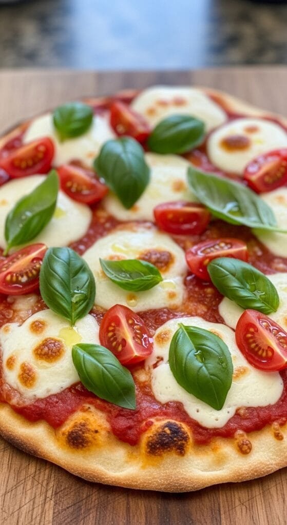 easy flatbread pizza margherita with melted mozzarella tomatoes and fresh basil