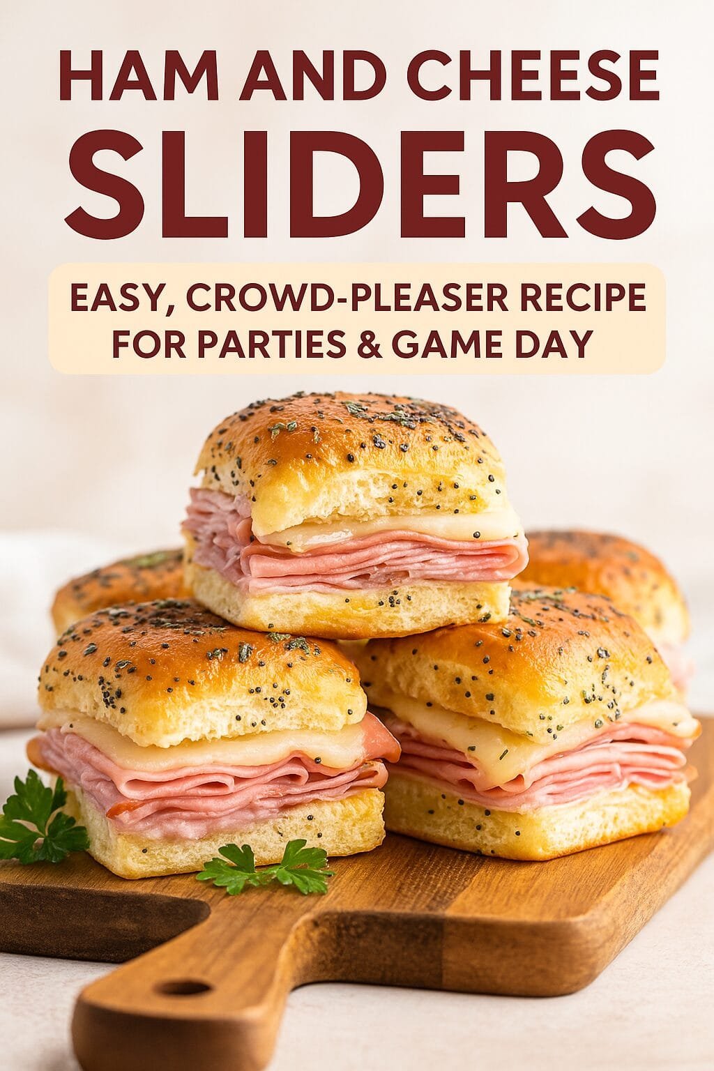 Ham and cheese sliders baked on Hawaiian rolls with melted cheese and buttery glaze