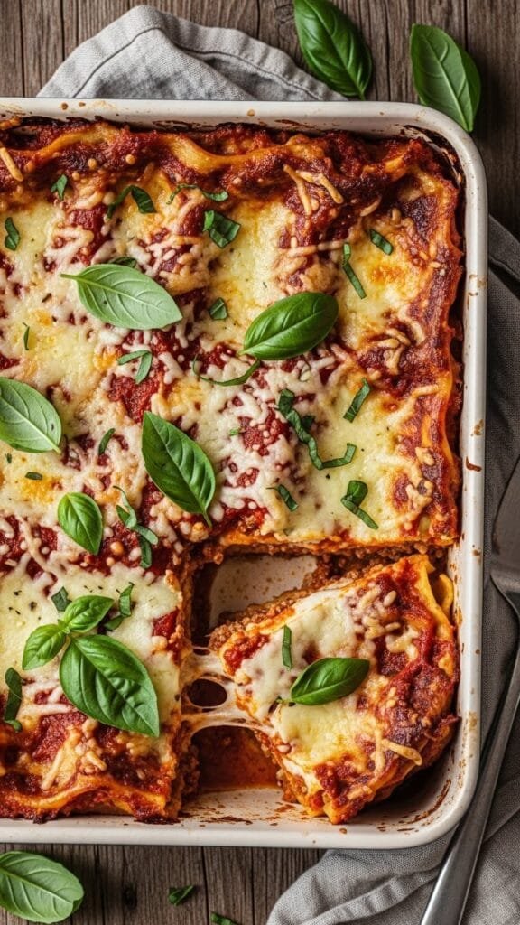 Easy homemade lasagna with melted cheese and rich meat sauce in baking dish
