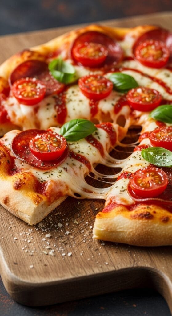 Slice of homemade pizza showing crispy crust, cheesy center, and fresh toppings on a cutting board