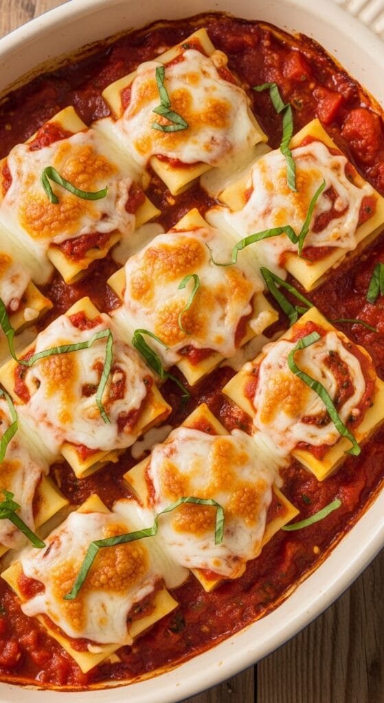 Easy lasagna roll ups baked with marinara sauce and melted mozzarella cheese