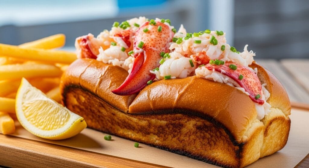 Classic New England lobster roll with tender lobster meat in a buttery toasted bun