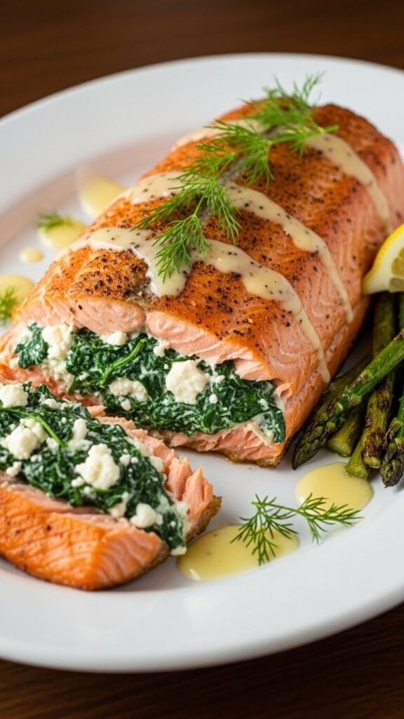 spinach feta stuffed salmon baked until flaky with mediterranean filling