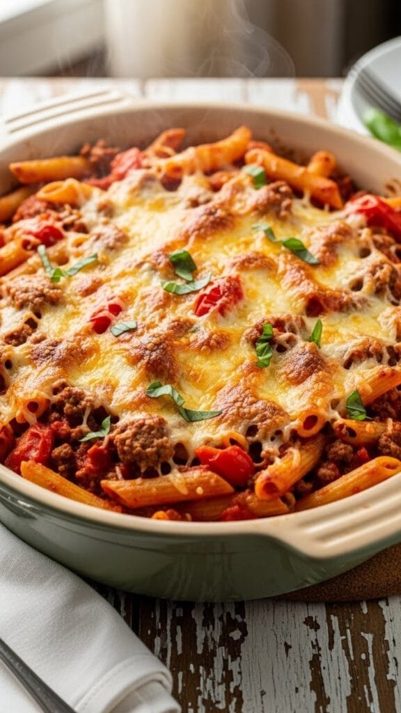 Bubbly pasta bake made with penne, meat sauce, and melted mozzarella, fresh from the oven