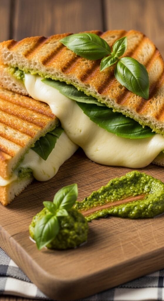 Grilled cheese sandwich with basil pesto and melted mozzarella cheese cut in half
