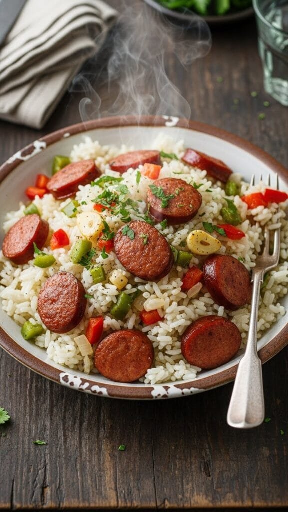 One-pan sausage and rice cooked in a skillet with browned sausage and fluffy seasoned rice
