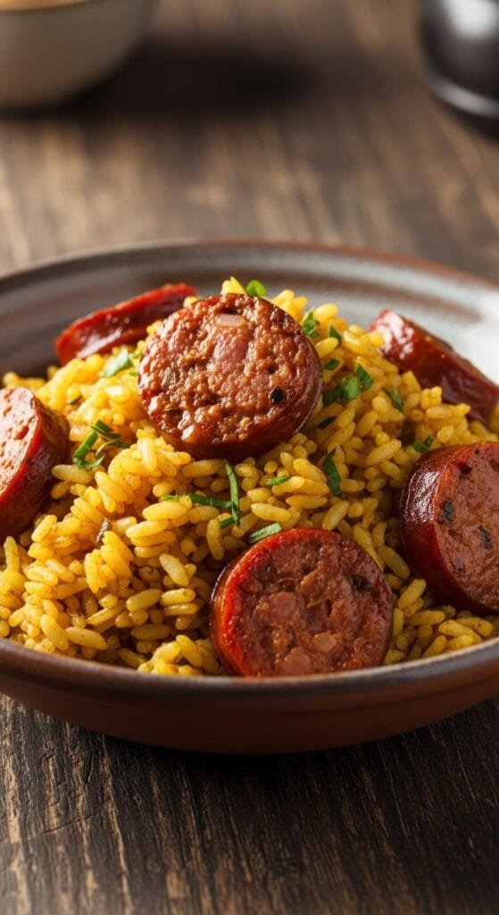 Sausage and rice served in a bowl with juicy sausage slices and perfectly cooked rice