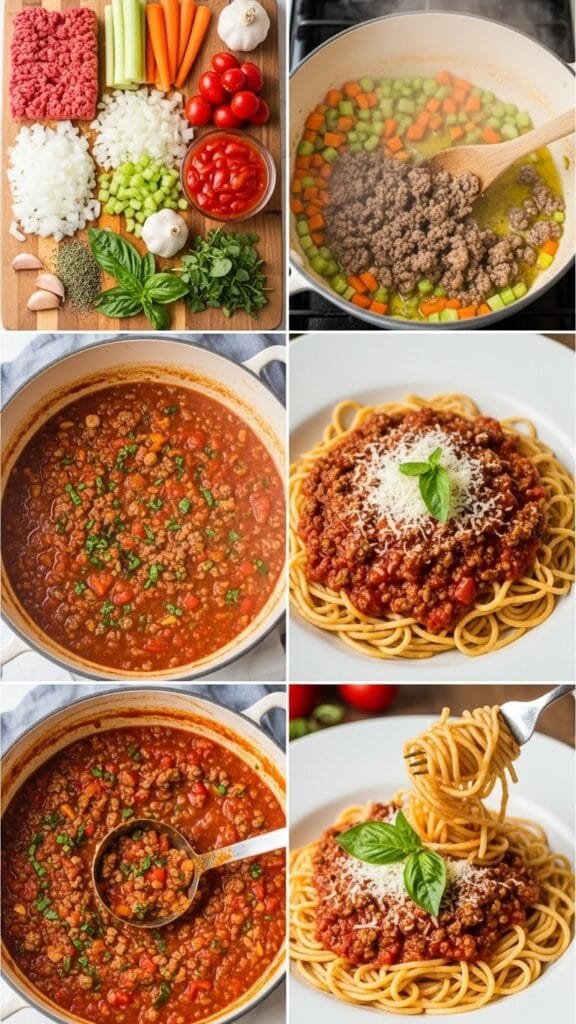 Close-up of simmering meat sauce in a Dutch oven with crushed tomatoes, diced tomatoes, herbs, and browned beef.