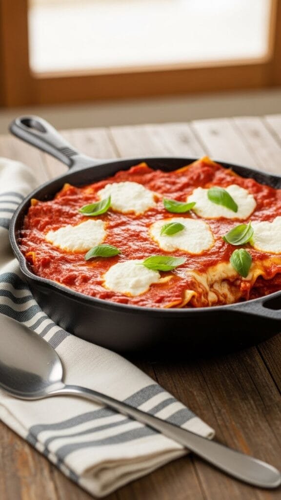 Stovetop skillet lasagna layered with ricotta, mozzarella, and meat sauce served directly from a skillet