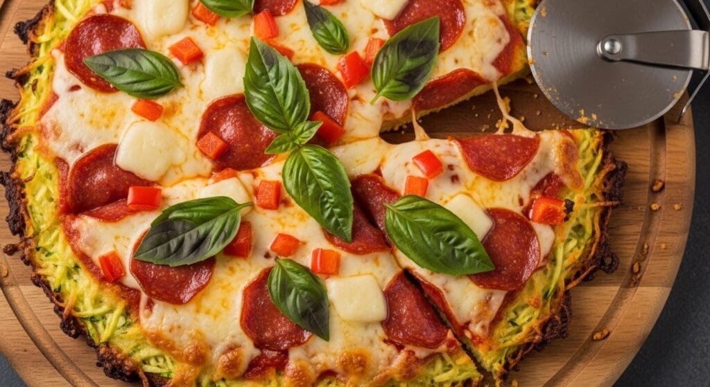 Easy zucchini crust pizza with melted cheese and toppings on a crispy golden gluten-free crust