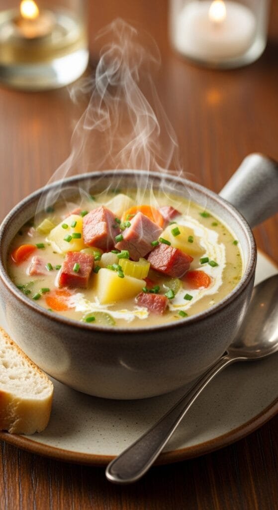 Finished ham and potato soup served hot with tender potatoes, savory ham, and a creamy texture