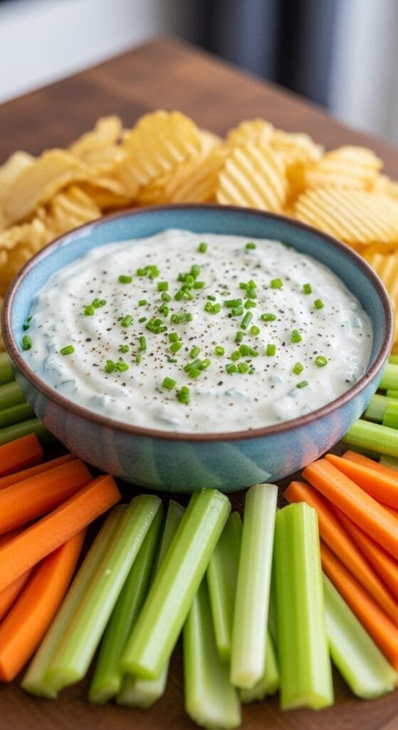 Finished homemade ranch chip dip served with chips, carrots, and celery