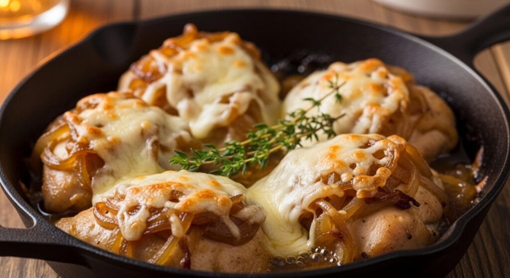 French onion chicken in skillet with caramelized onions and melted cheese