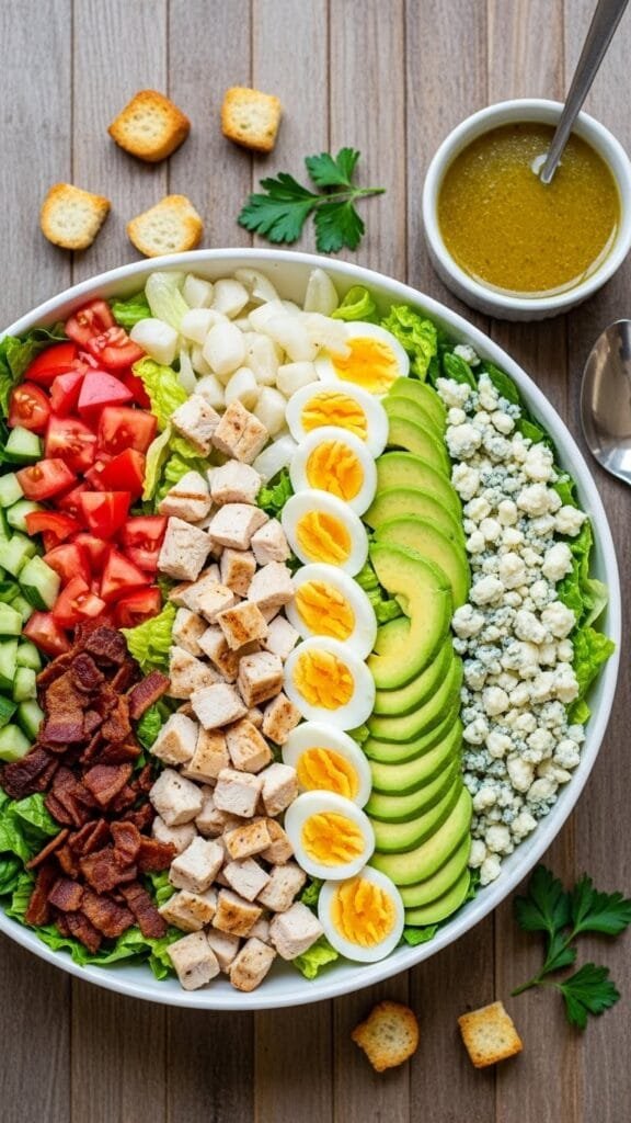 Classic Cobb salad arranged in rows with chicken, eggs, bacon, tomatoes, and avocado