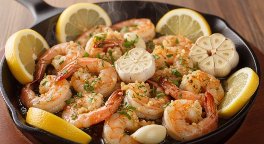 Garlic butter shrimp in skillet with fresh parsley and lemon