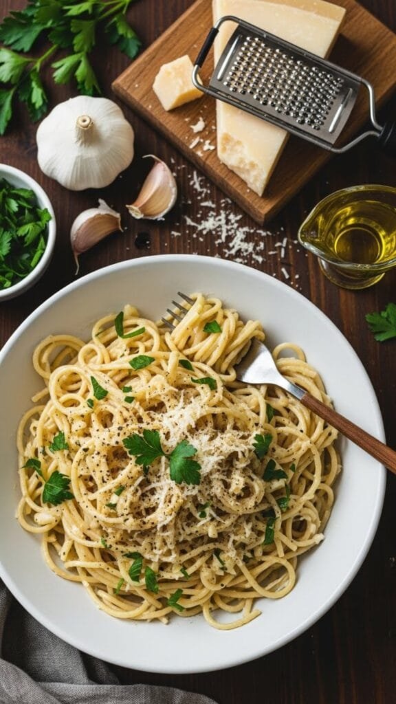 Bowl of garlic parmesan pasta topped with parsley and extra grated cheese