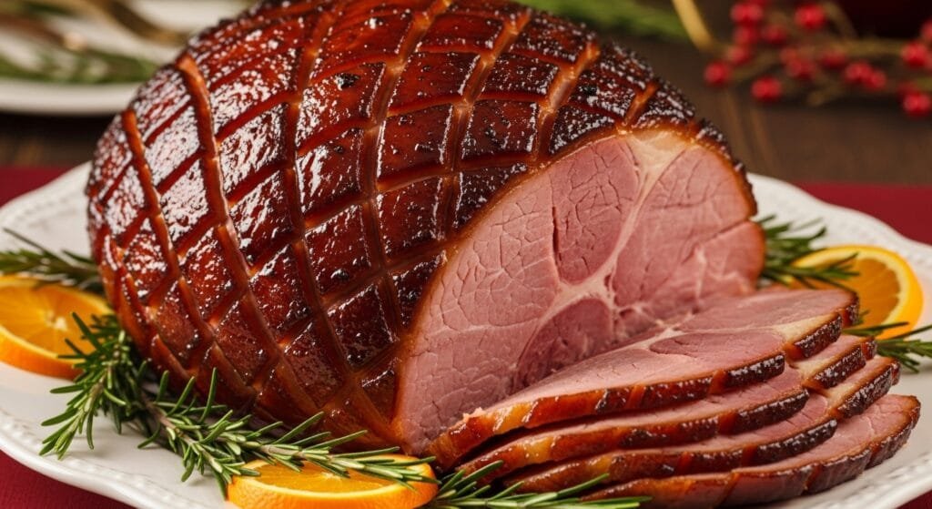 honey glazed baked ham with caramelized brown sugar crust