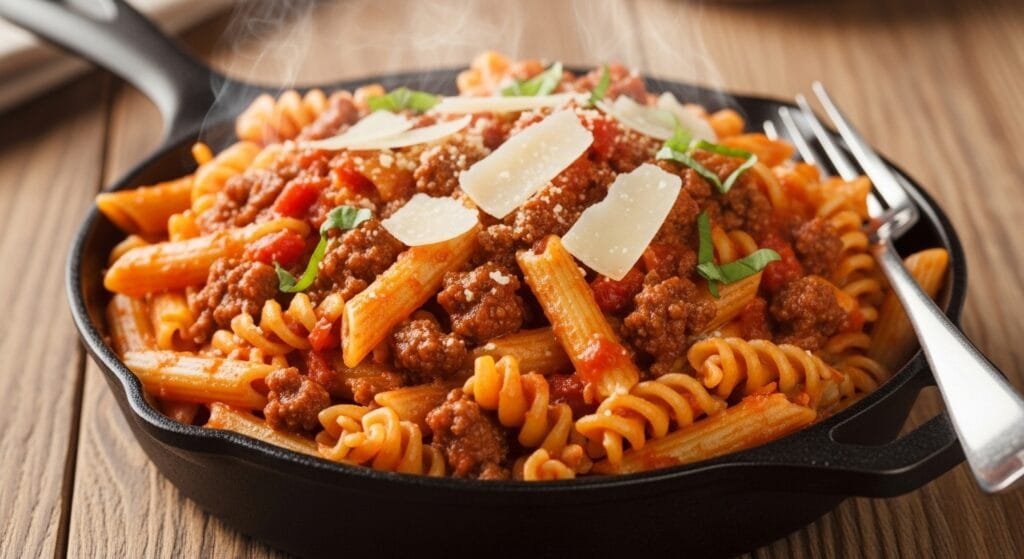 ground beef pasta in skillet with tomato sauce and parmesan
