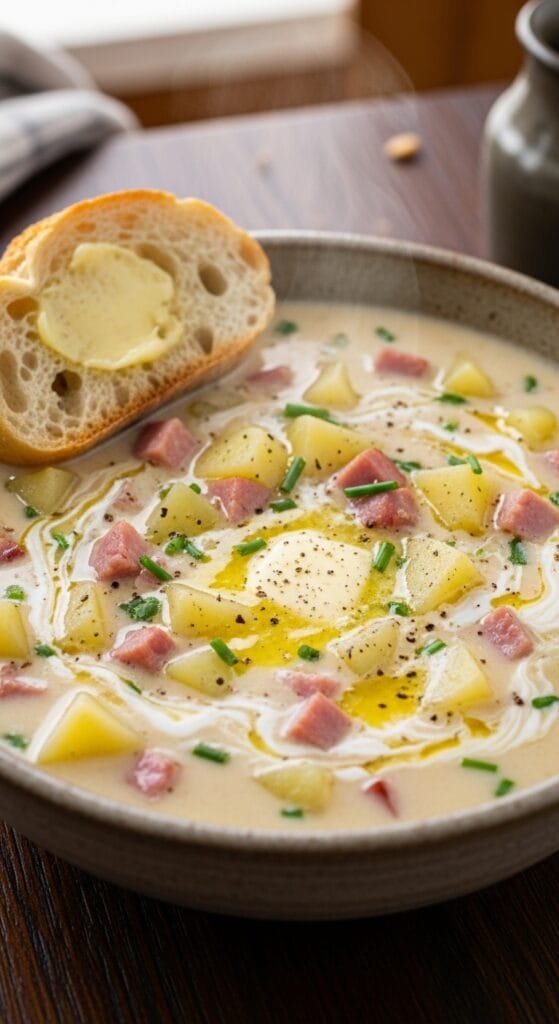 Creamy ham and potato soup made with tender potatoes, savory ham, and a smooth, comforting broth
